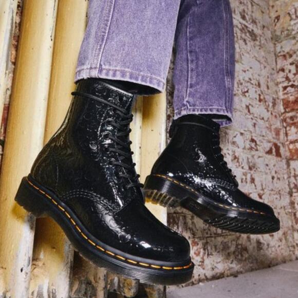 Dr Martens 1460 Boots Leopard Emboss Black Lace Up Combat Ankle Patent Sz 6 - Picture 2 of 12